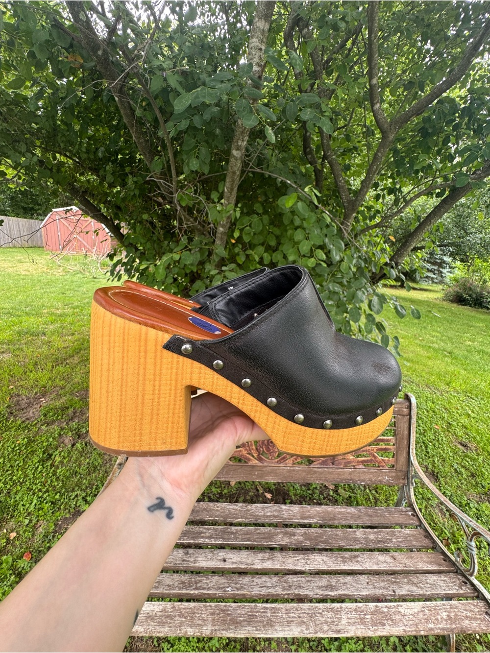 MIA Black Leather Clog with Wood-Effect Platform